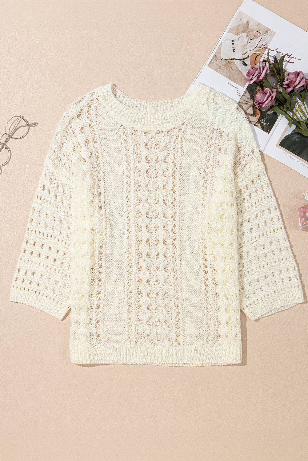 White Hollow Out Knit Bracelet Sleeve Drop Shoulder Sweater - loveforevers