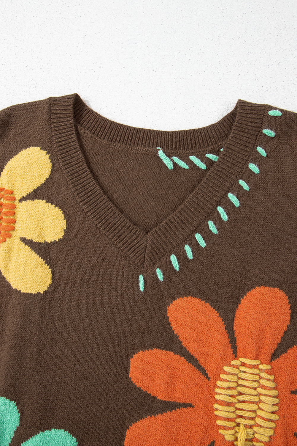 Coffee Big Flower Pattern V Neck Drop Shoulder Sweater - loveforevers