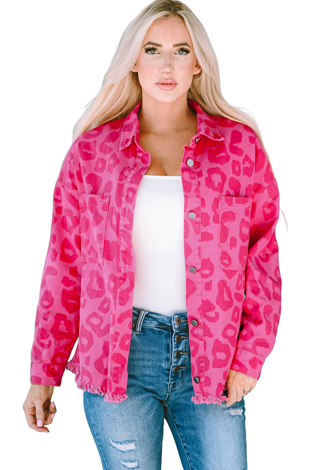 Pink Leopard Print Button Cuffs Raw Hem Jacket - loveforevers