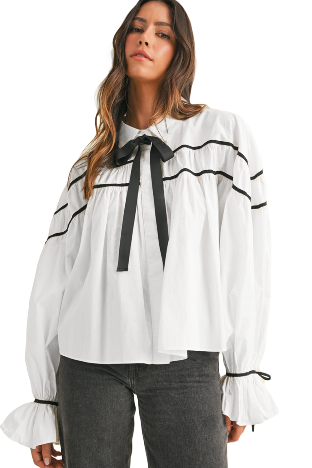 White Black Pipping Ribbon Bowtie Collared Ruffled Puff Sleeve Shirt - loveforevers