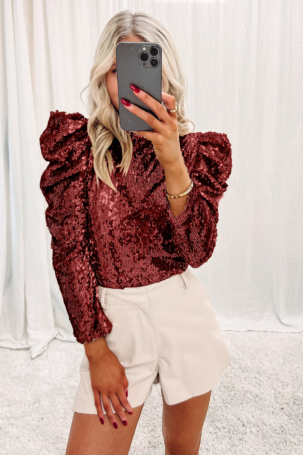 Burgundy Sequin Mock Neck Bubble Sleeve Top - loveforevers