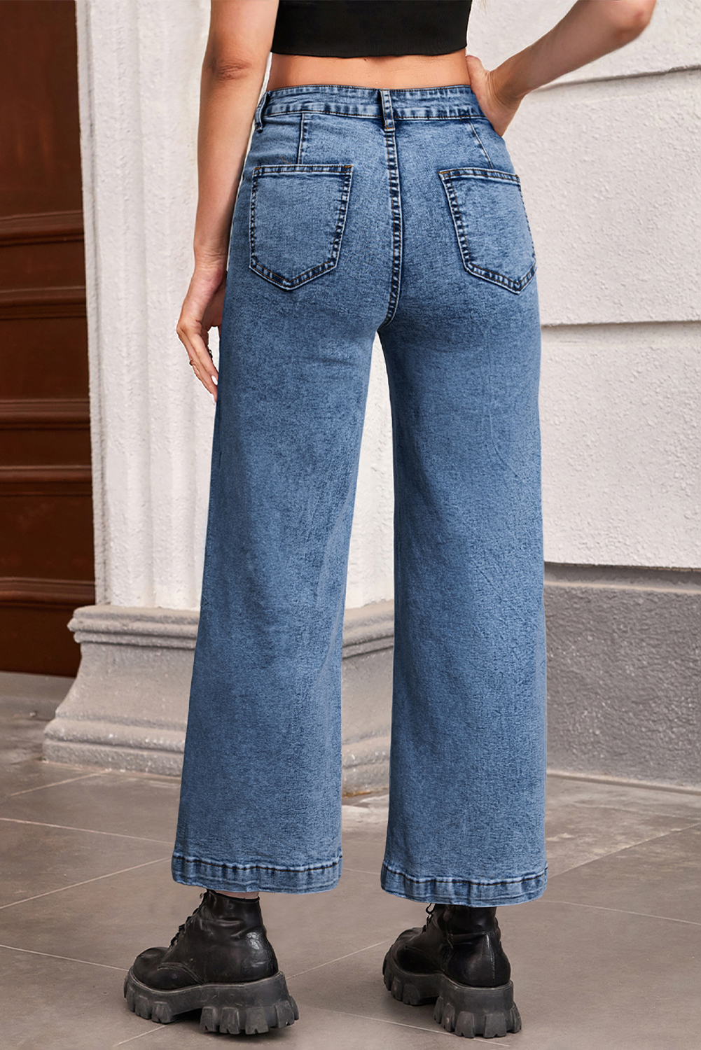 Light Blue Chic Patch Pocket Straight Leg Loose Jeans - loveforevers