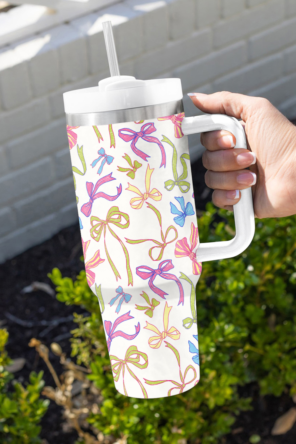 White Bow Knot Print Large Stainless Steel Vacuum Cup 40oz - loveforevers