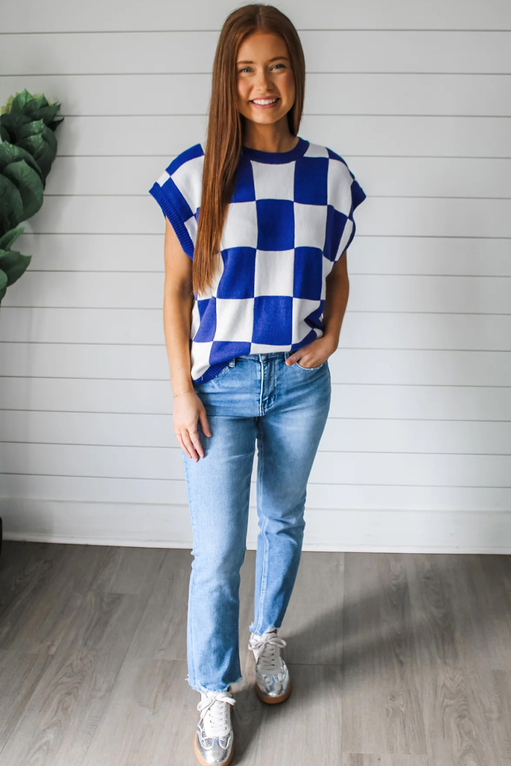 Dark Blue Cherckerboard Round Neck Sweater Vest - loveforevers