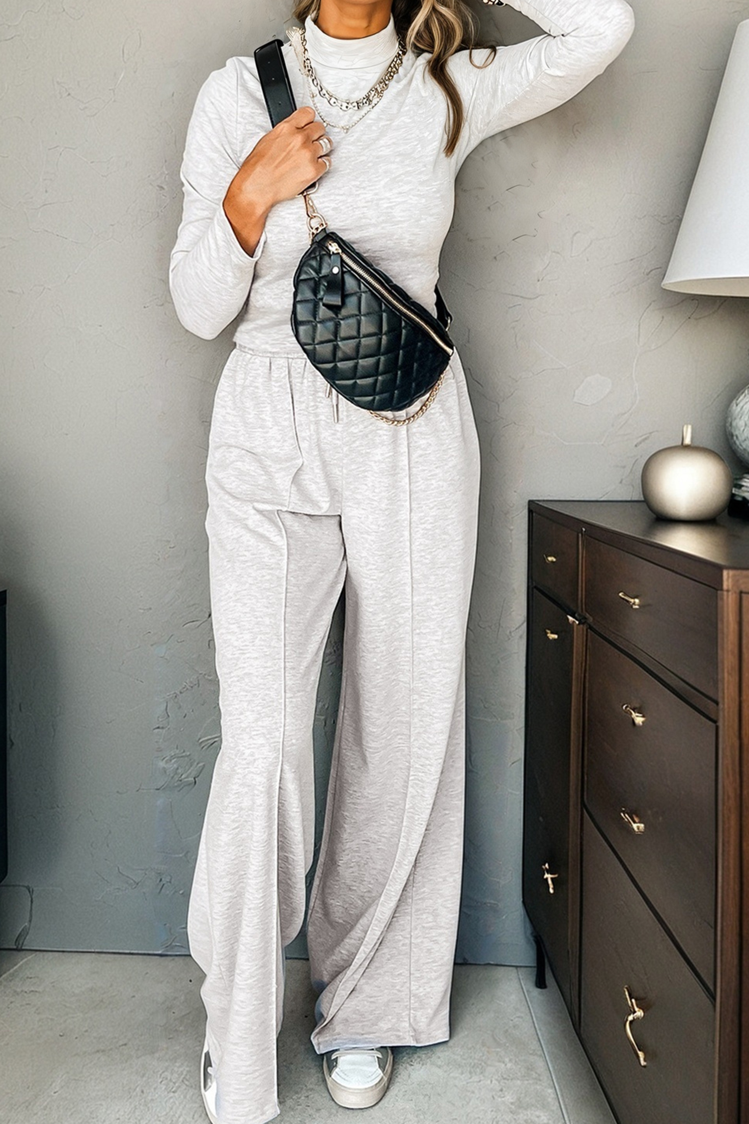 Light Grey Long Sleeve High Neck Slim Top Smocked Waist Central Seam Pants Set - loveforevers