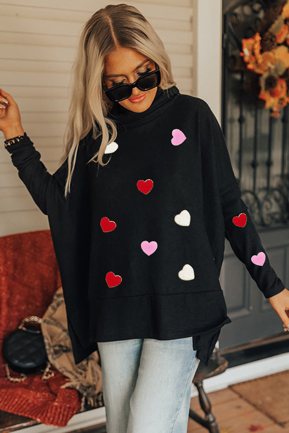 Black Valentines Chenille Heart Patched Dolman Sleeve High Neck Split Top - loveforevers