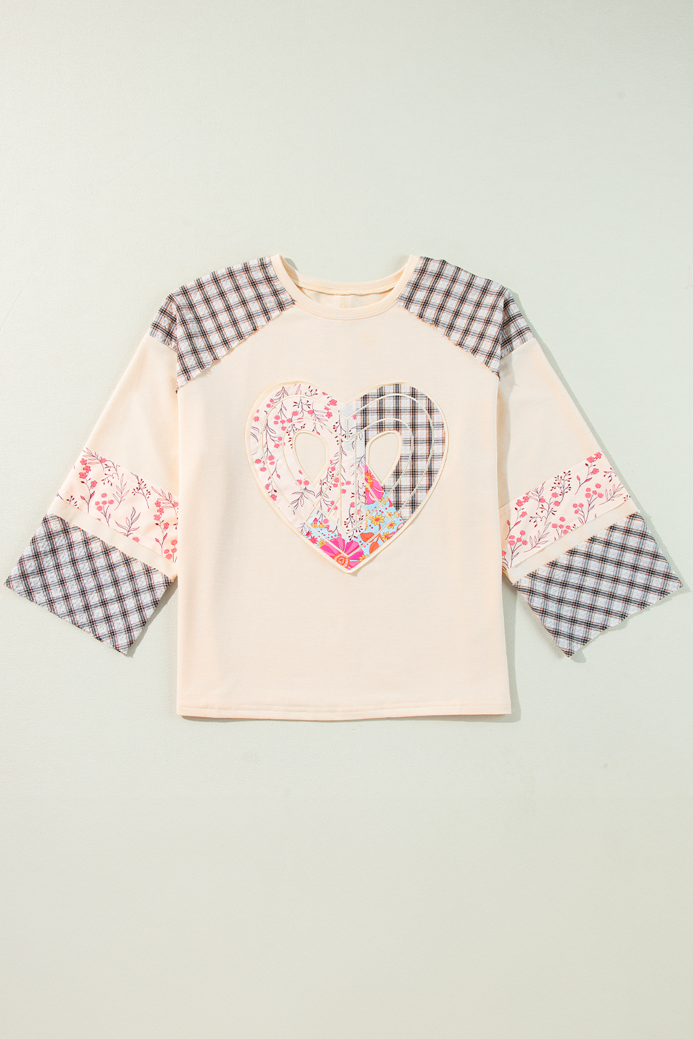 Beige Flower Patch Graphic Exposed Seam Wide Sleeve Top - loveforevers