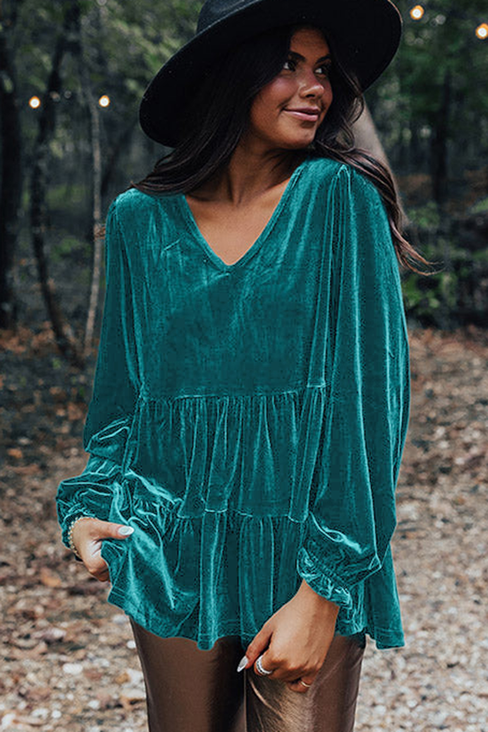 Sea Green Velvet V Neck Peplum Hem Puff Sleeve Blouse - loveforevers