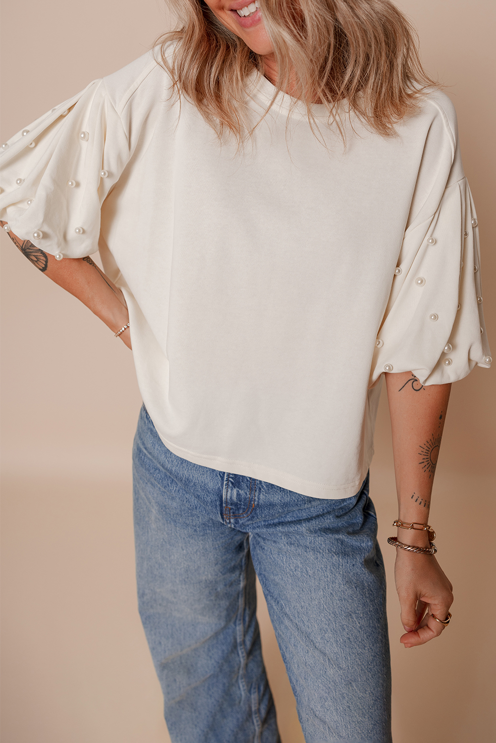 White Pearled Puff Sleeve Round Neck Loose Top - loveforevers