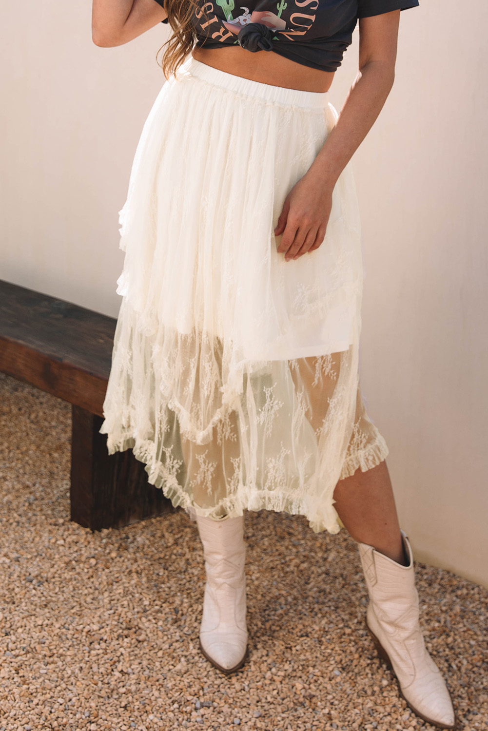 Apricot Lace Cascading Tiered High Waist Maxi Skirt - loveforevers