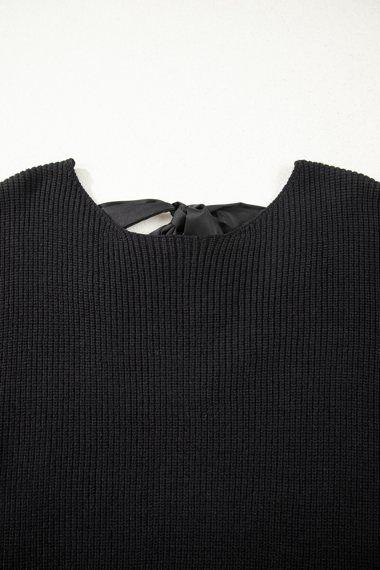 Black Ribbed Knit Ribbon Knot Backless Drop Shoulder Sweater - loveforevers