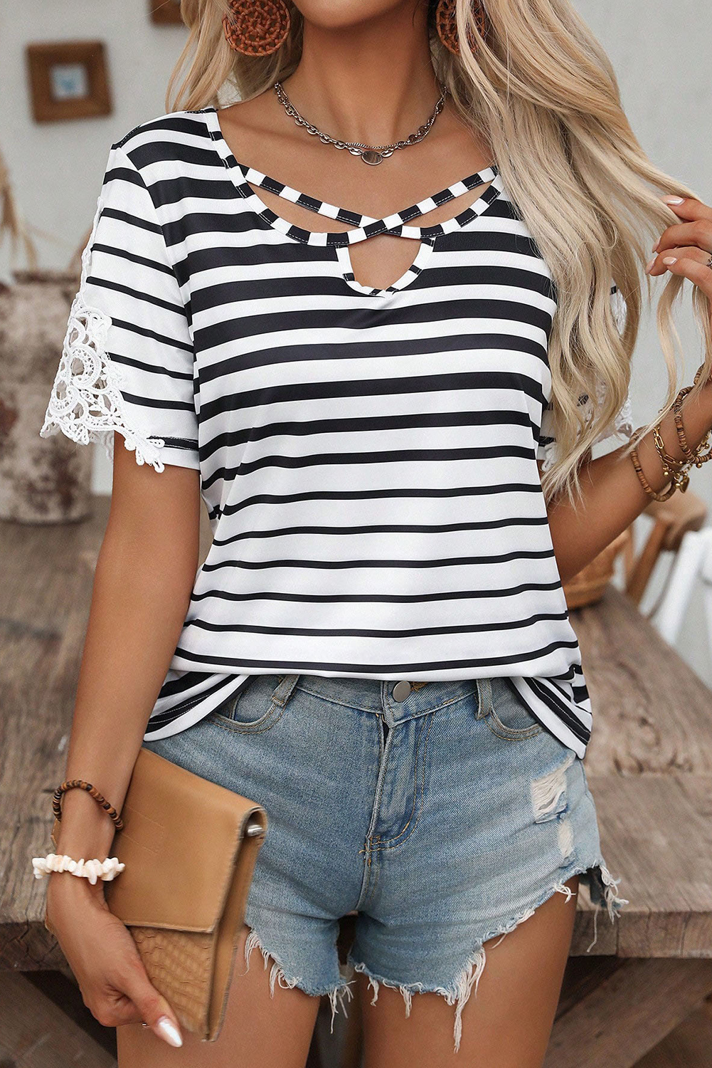 Black Stripe Cross Straps Hollowed Neck Lace Splicing Short Sleeve Blouse - loveforevers