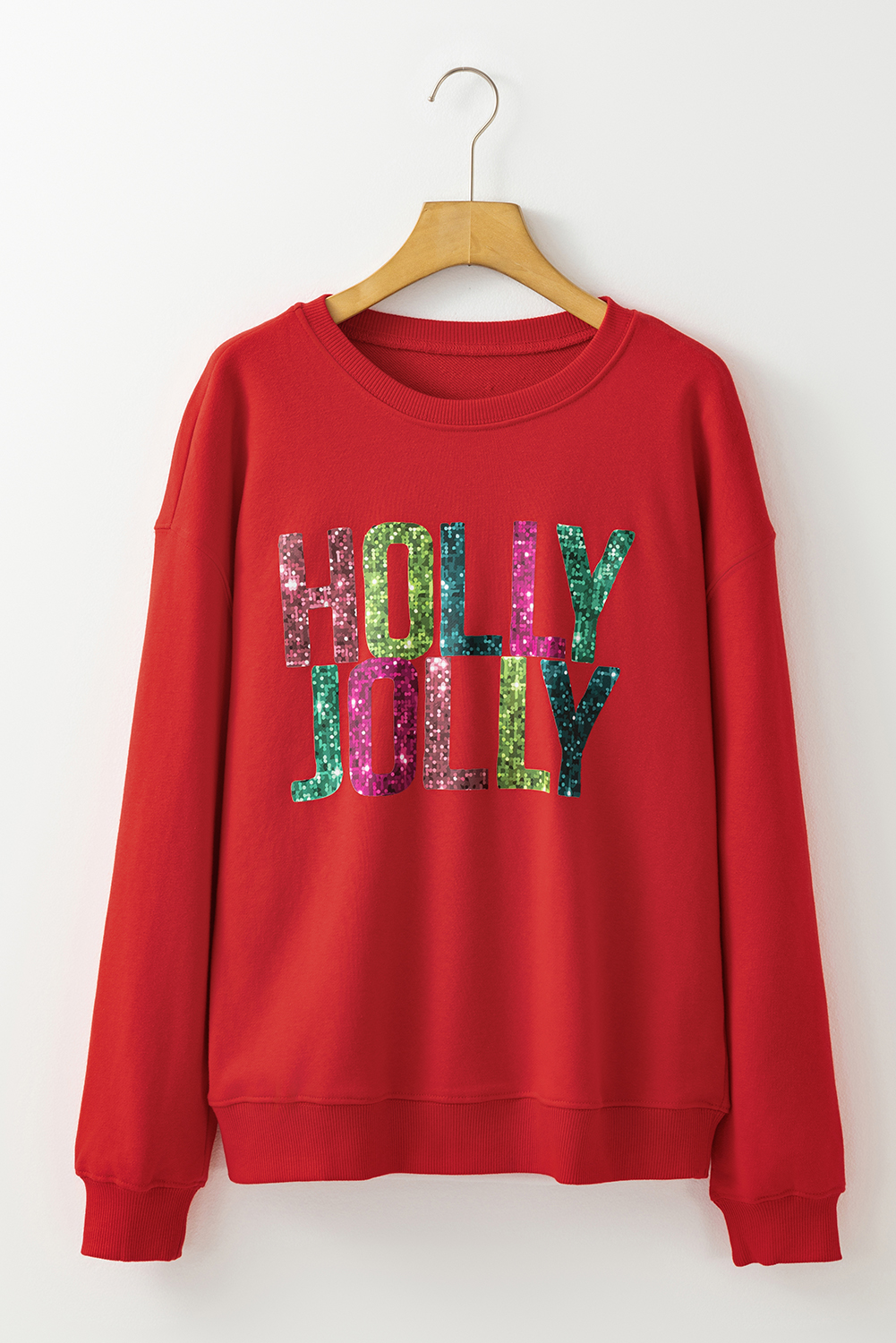 Red Heat Transfer HOLLY JOLLY Printing Christmas Pullover Sweatshirt - loveforevers