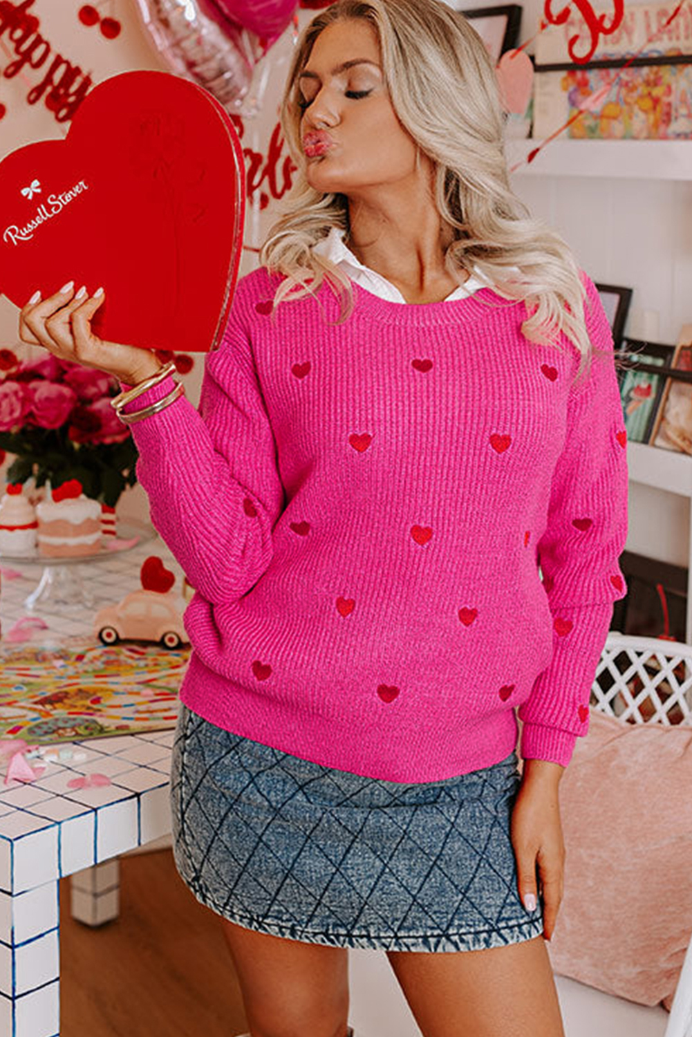 Rose Red Heart Shape Drop Shoulder Round Neck Sweater - loveforevers