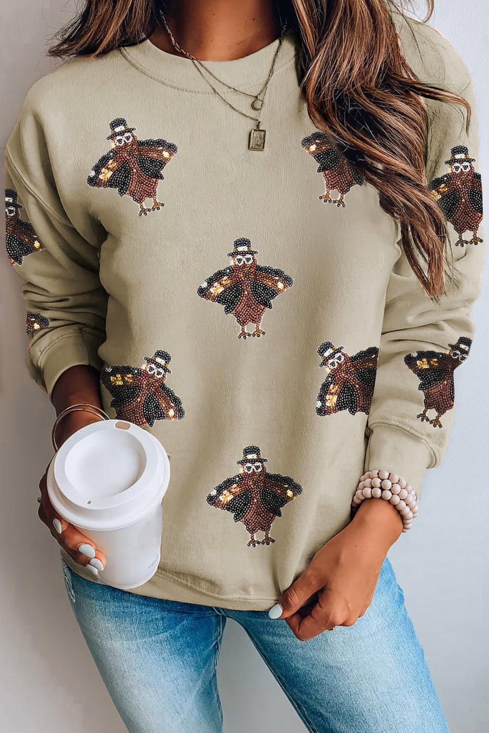 Parchment Shimmering Turkey Pattern Thanksgiving Holiday Sweatshirt - loveforevers
