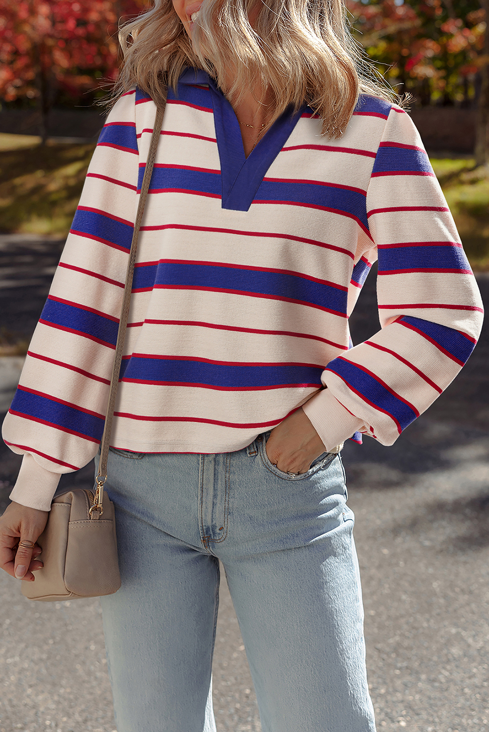 Blue Stripe Color Block Polo Pullover Sweatshirt - loveforevers