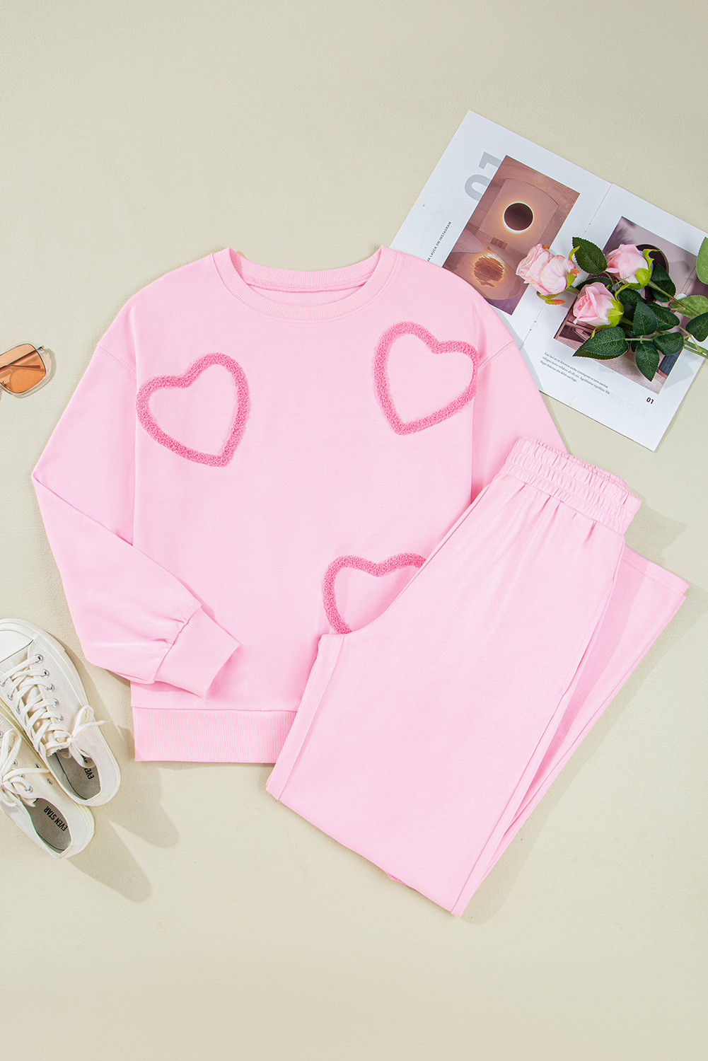 Phalaenopsis Chenille Heart Pattern Casual 2pcs Pants Set - loveforevers