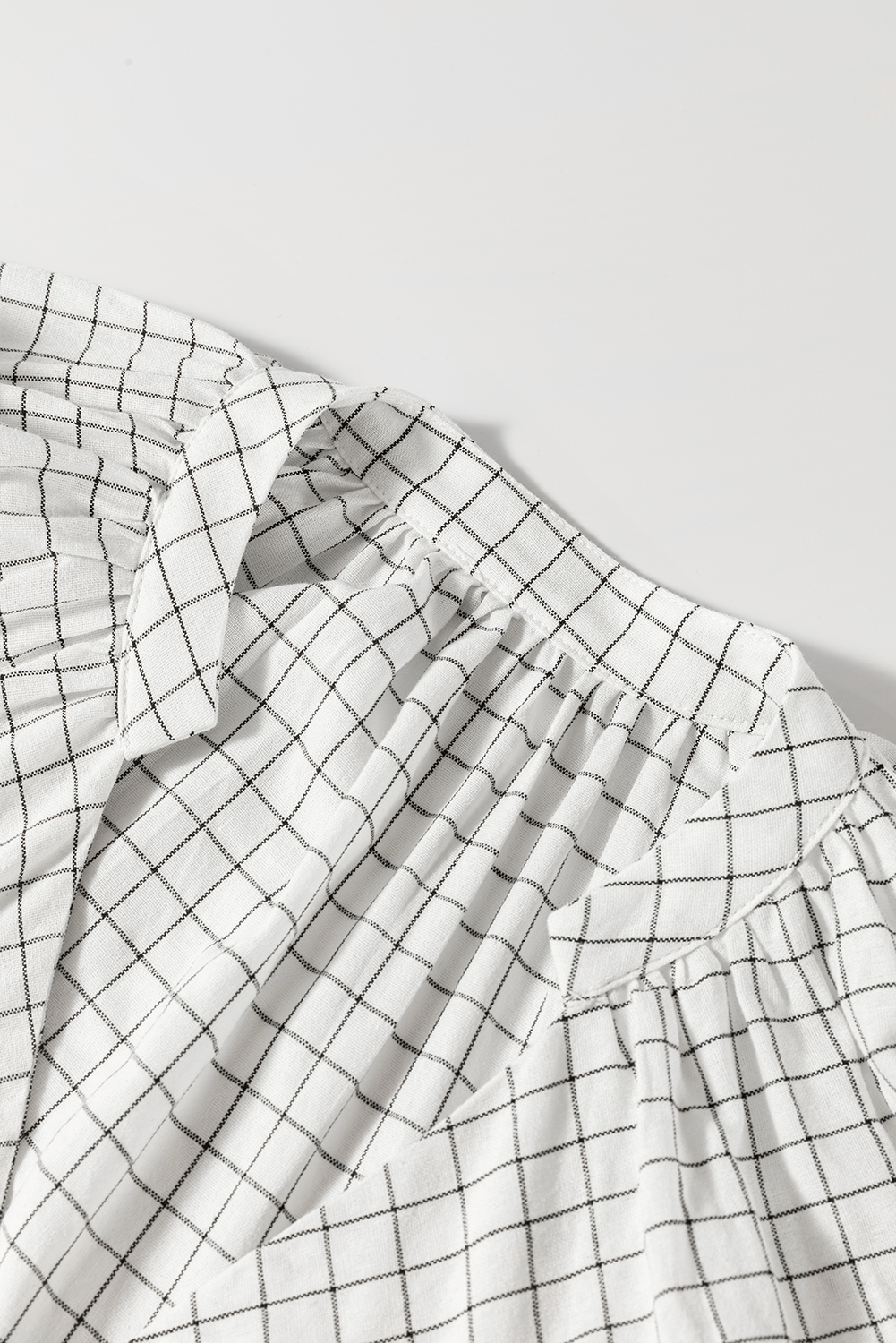 White Stripe Checkered Frilled V Neck Bracelet Sleeve Babydoll Dress - loveforevers