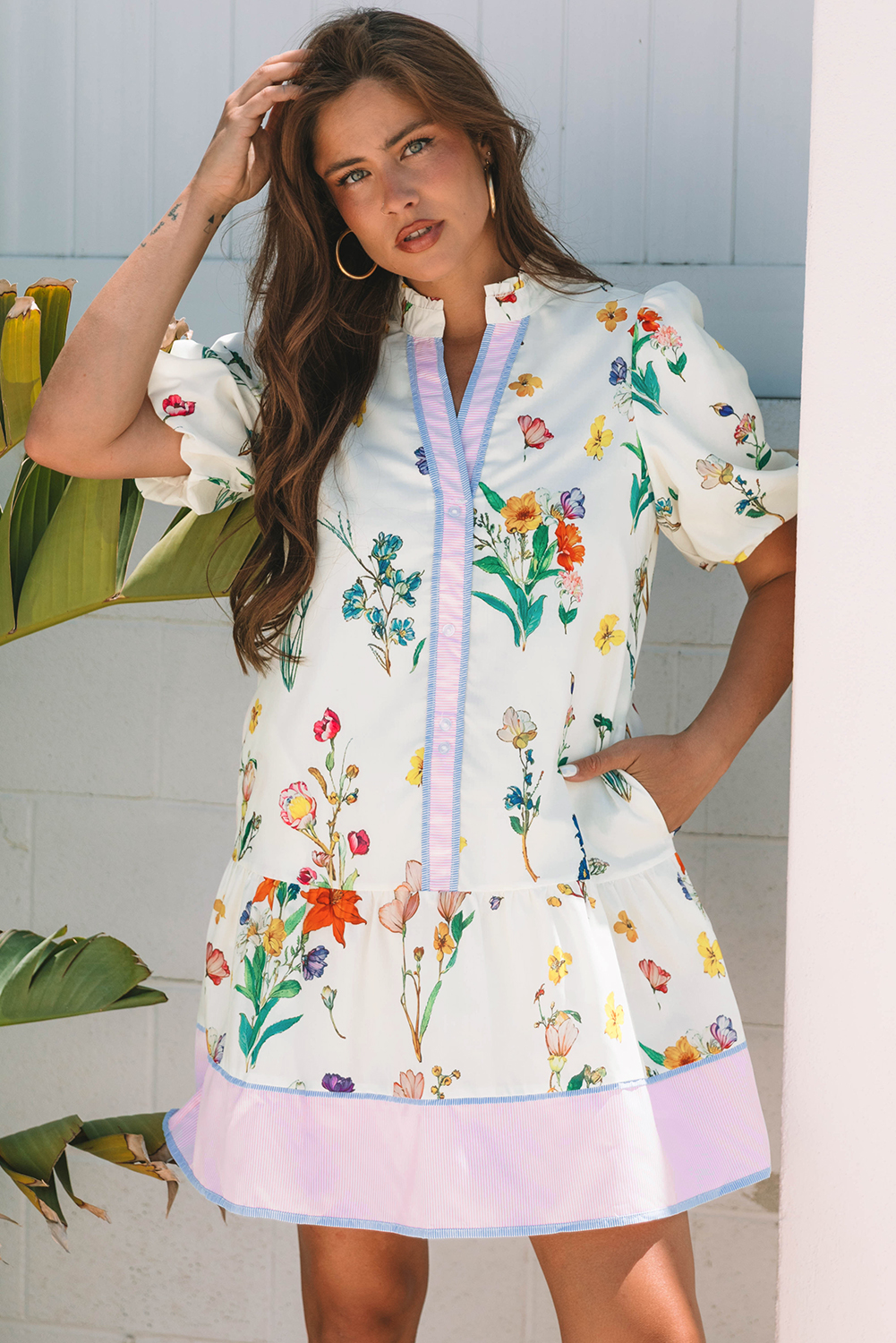White Floral Print Contrast Striped Patchwork Short Puff Sleeve Dress - loveforevers