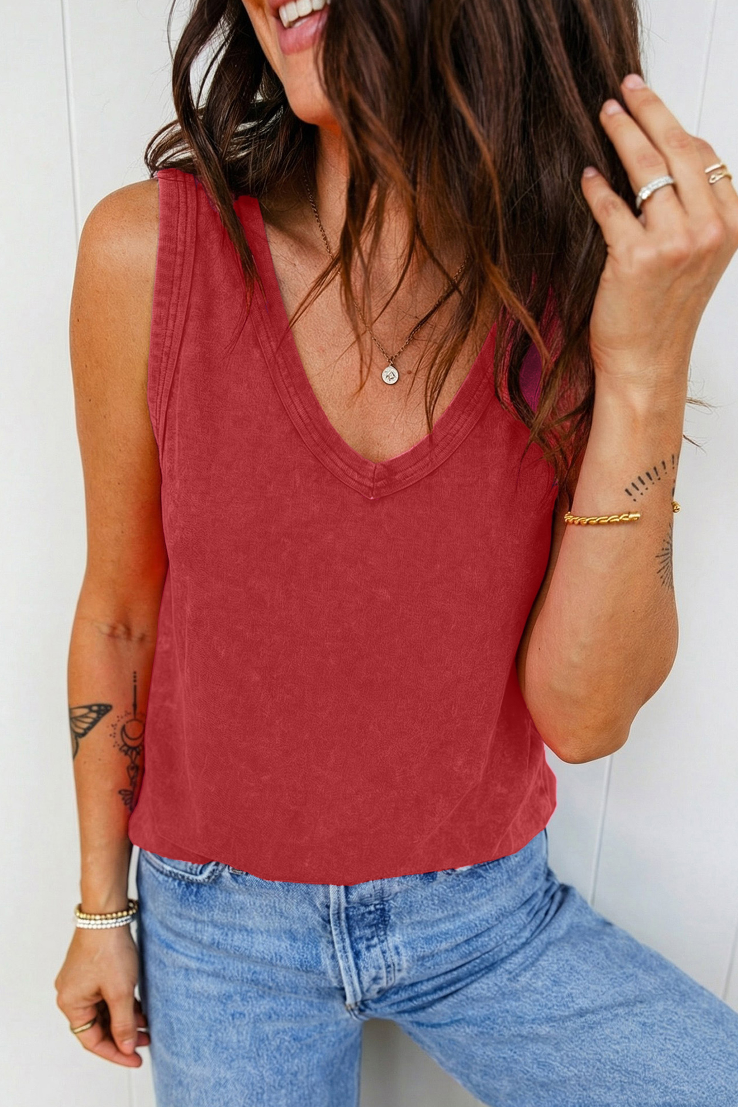 Red Dahlia Mineral Wash V Neck Tank Top - loveforevers