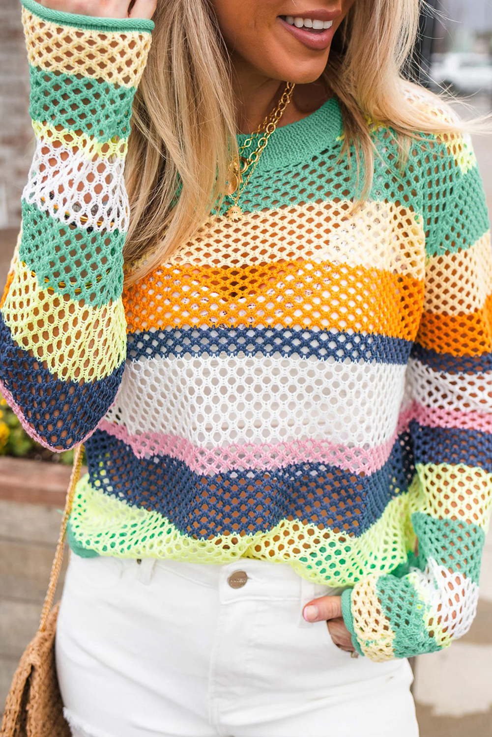 Green Colorblock Patchwork Knit Crochet Eyelet Sweater - loveforevers