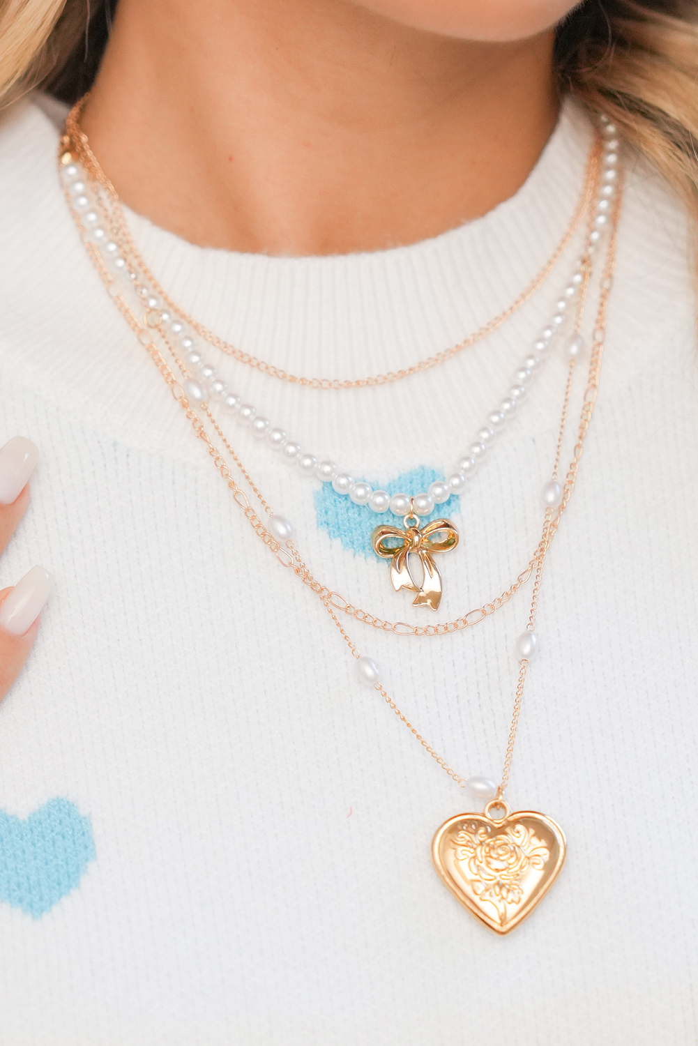 Gold Plated Bow Heart Pendant Pearl Beading Multilayer Necklace - loveforevers