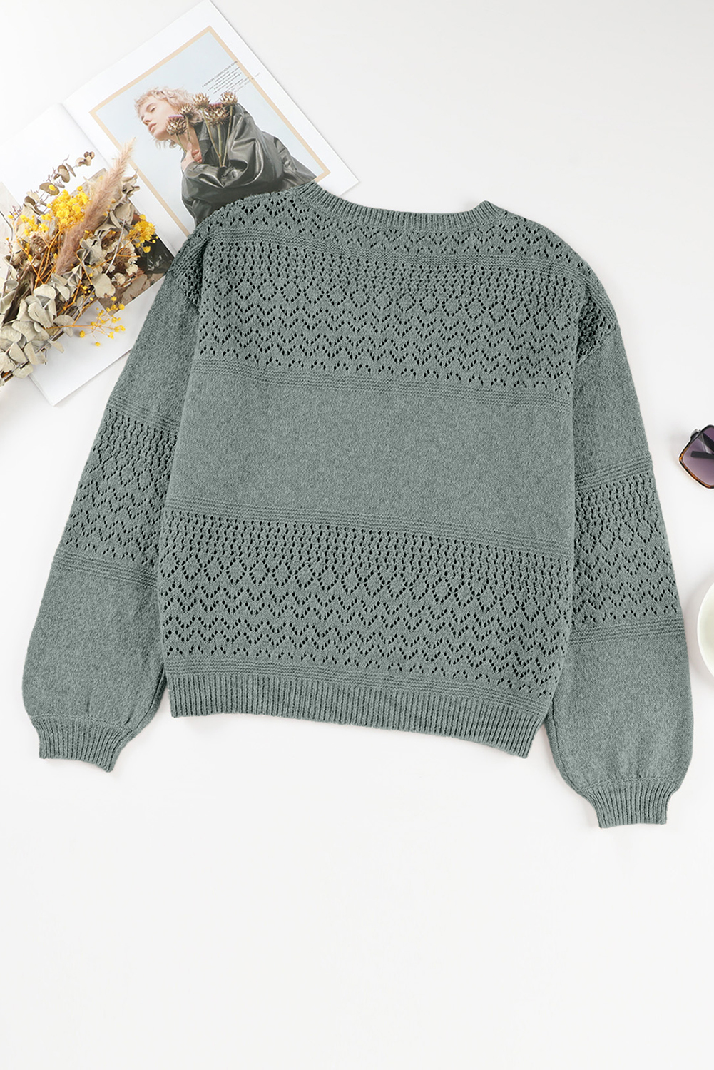 Sky Blue Eyelet Pattern Detail V Neck Drop Shoulder Sweater - loveforevers