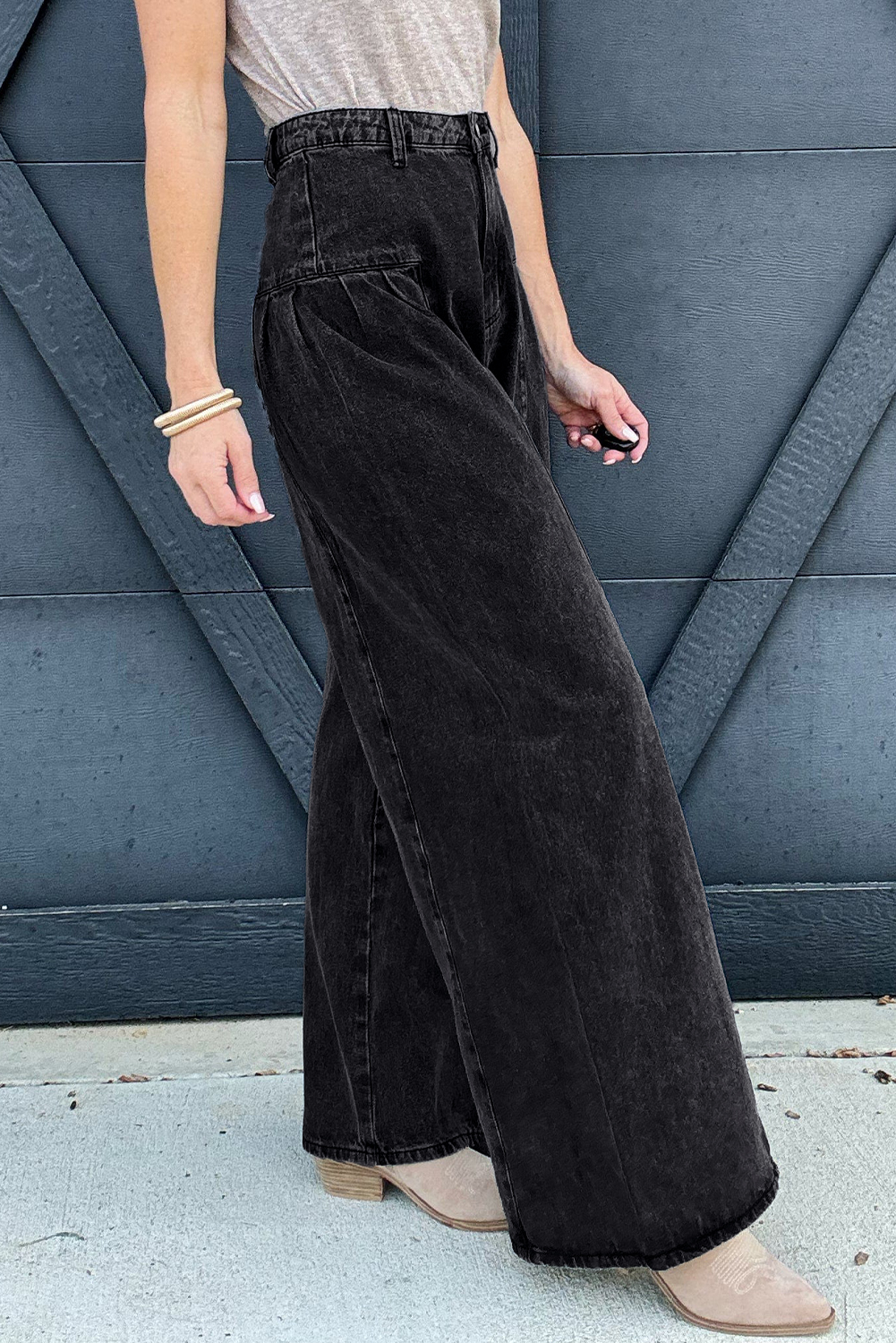 Dark Grey Pleated Wide Leg Mineral Wash Denim Pants - loveforevers
