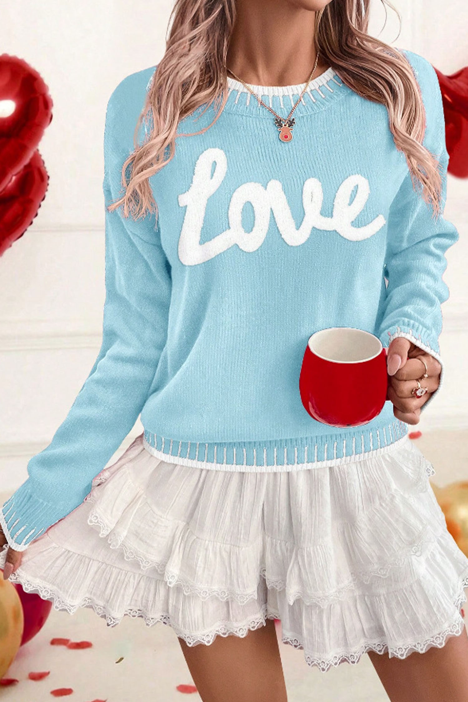 Light Blue Valentine Love Chenille Letter Graphic Sweater - loveforevers
