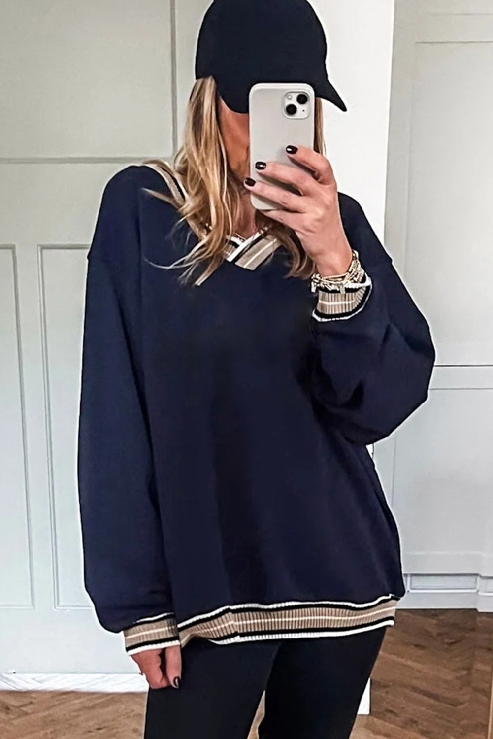 Gray Varsity Contrast Striped Trim V Neck Sweatshirt - loveforevers