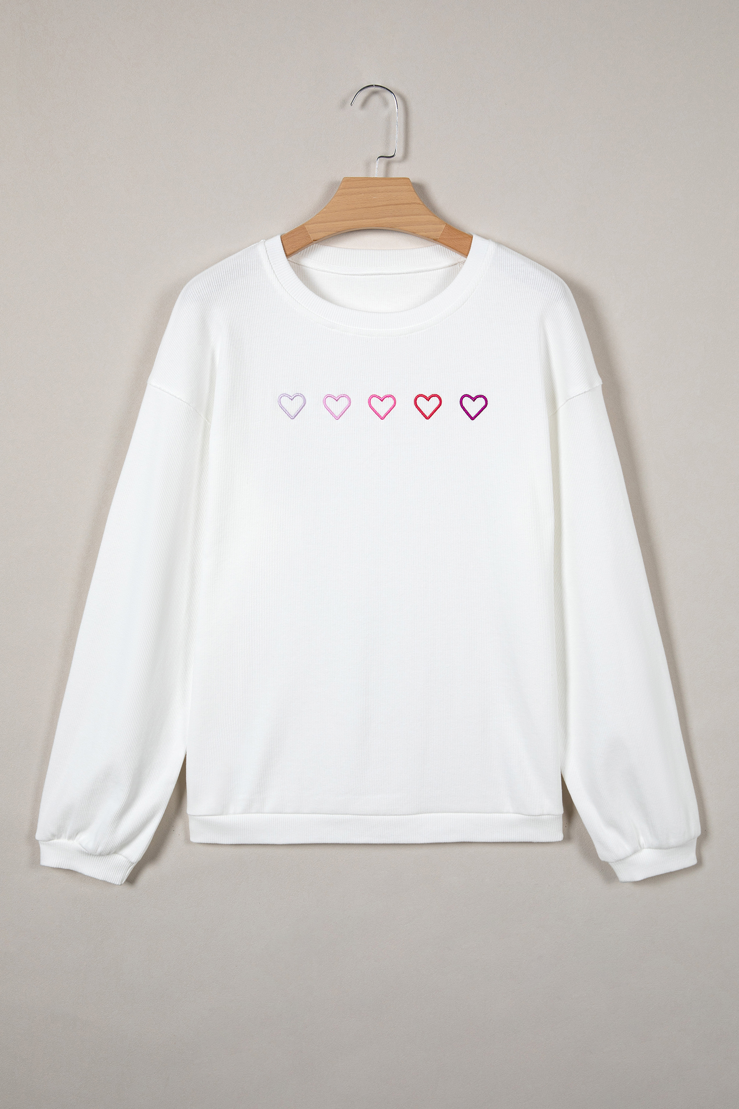 White 3d Ribbed XOXO Heart Embroidered Drop Shoulder Sweatshirt - loveforevers