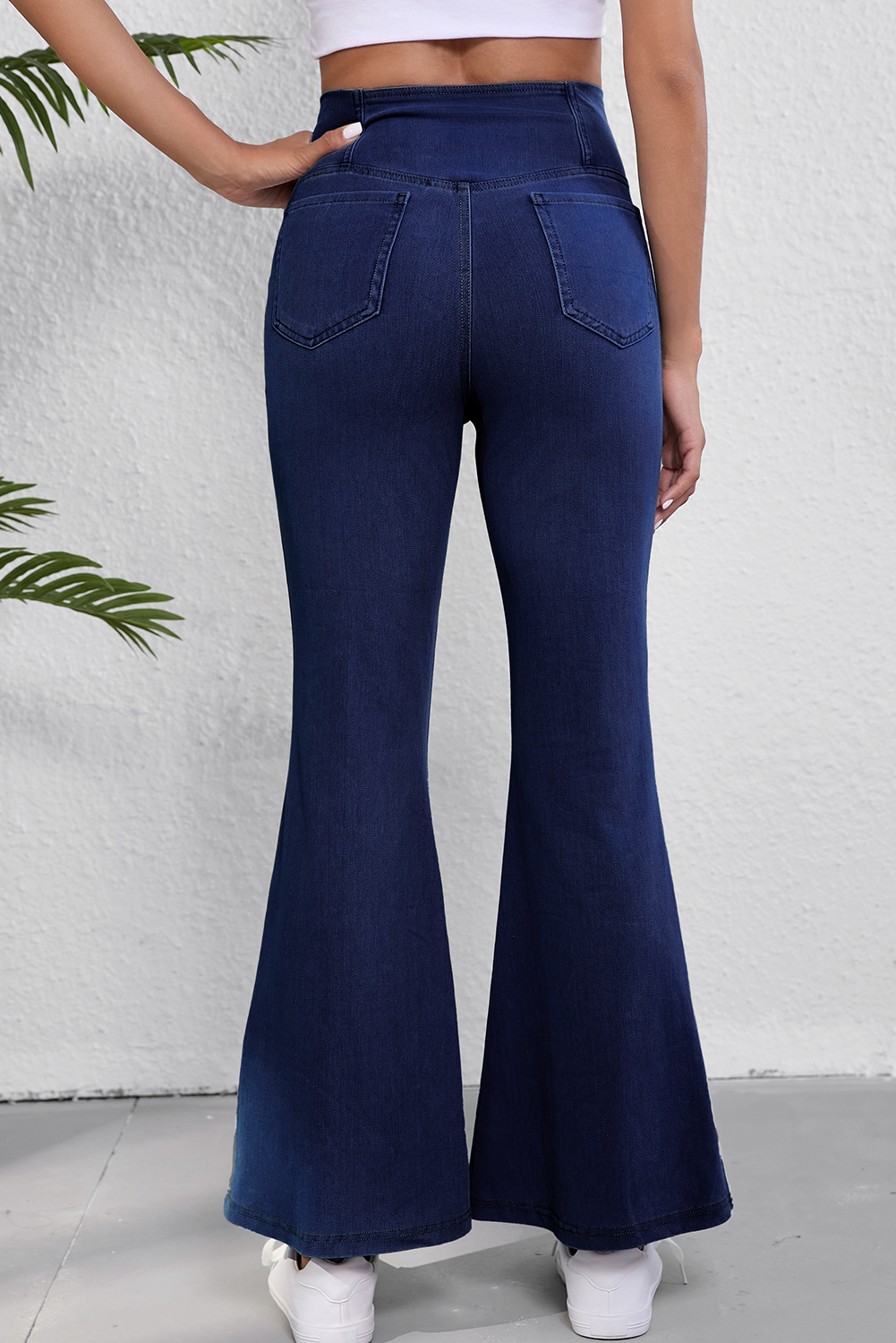 Dusk Blue Solid Crossed Waist High Elastic Fit Flare Knit Jeans - loveforevers
