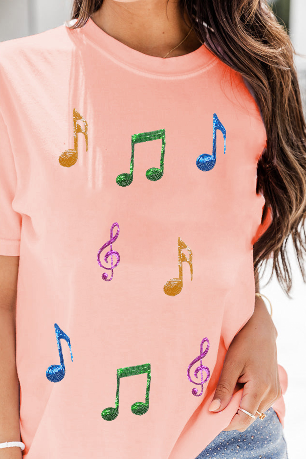 Pink Music Notes Patched Graphic Casual T Shirt - loveforevers