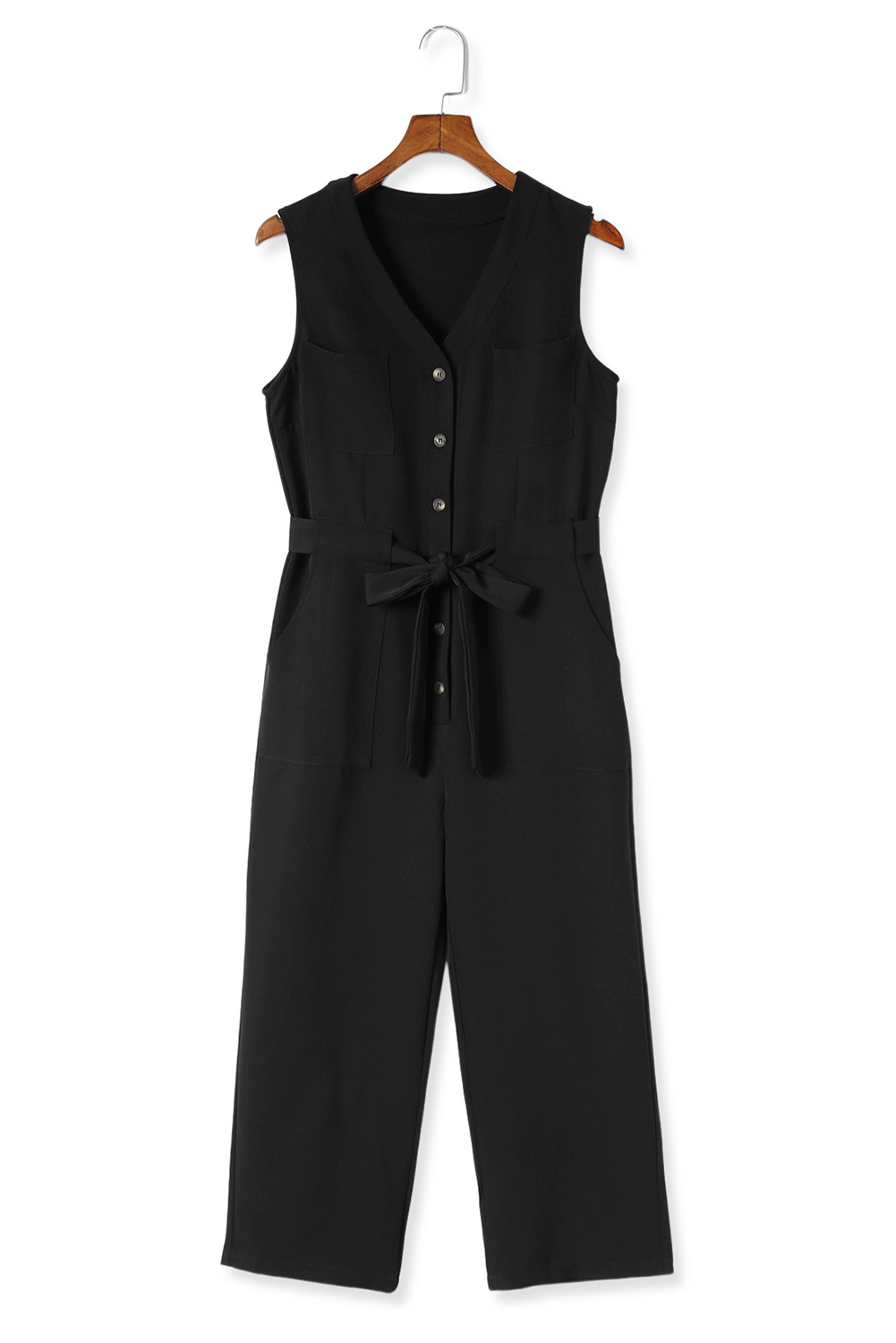 Black Buttoned Sleeveless Cropped Jumpsuit with Sash - loveforevers