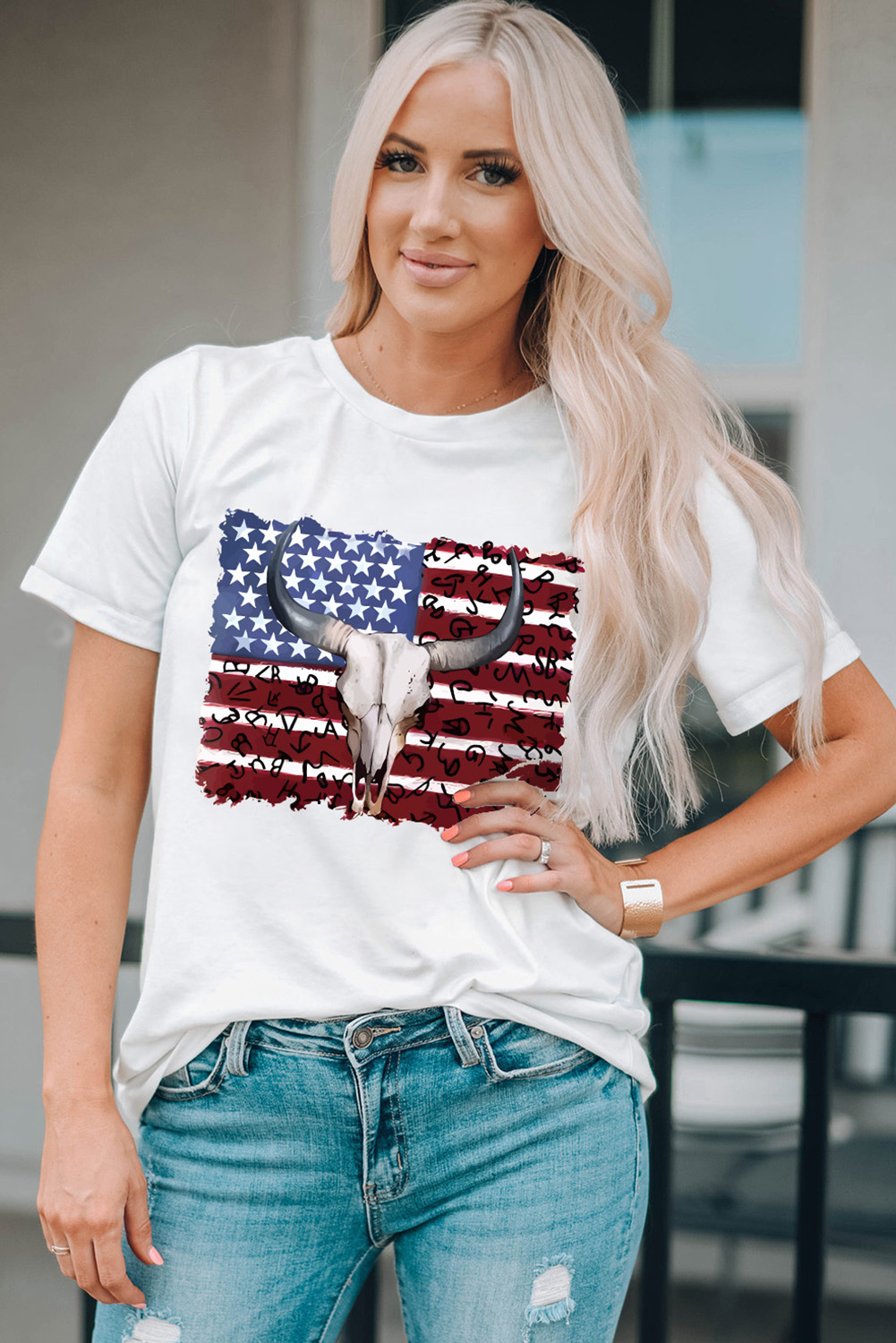White Bull Skull American Flag Graphic Tee - loveforevers