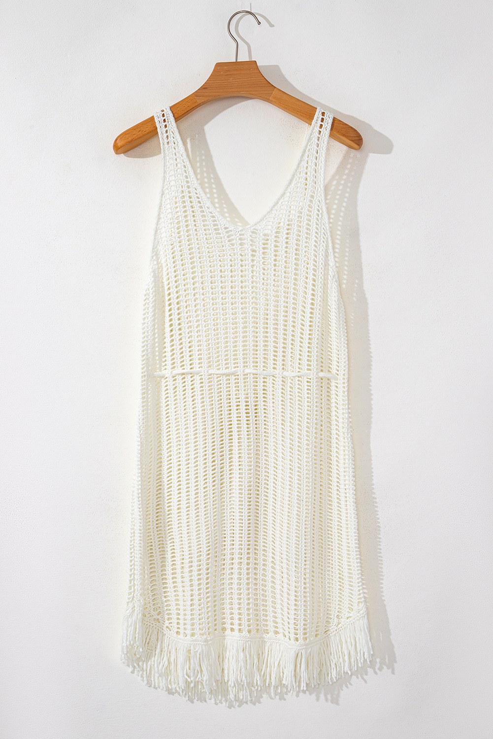 White Crochet Fishnet Fringed Edge V Neck Beach Cover Up - loveforevers