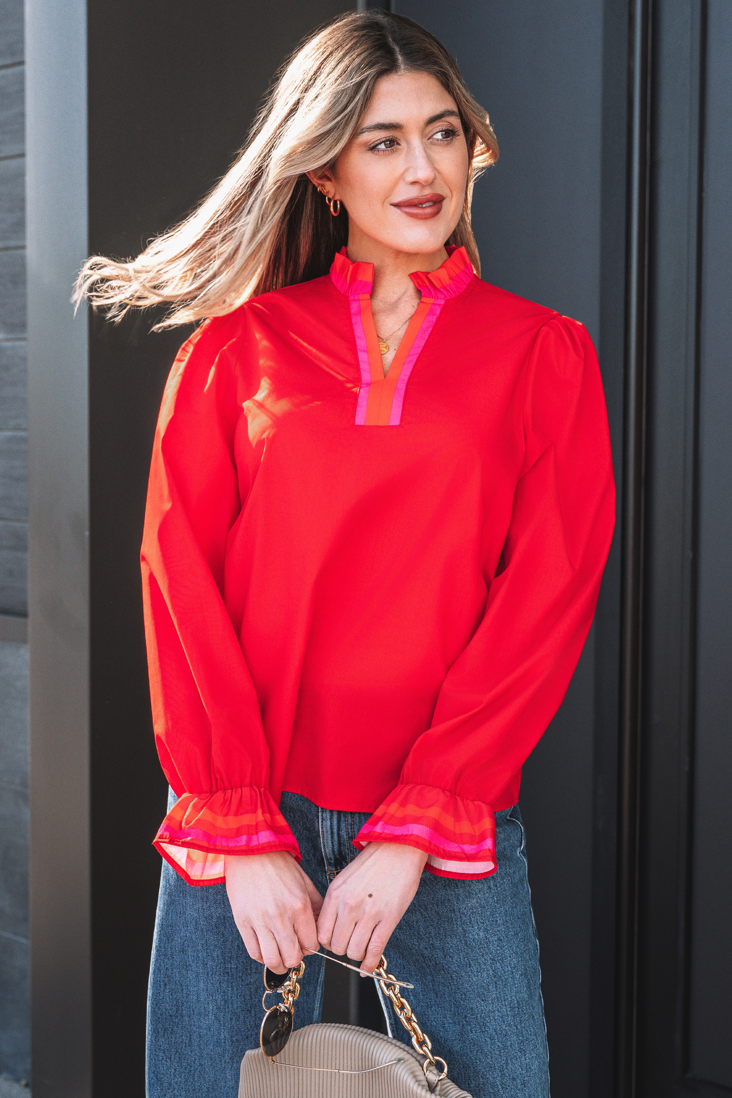 Four Leaf Clover Striped Trim Ruffle Split Neck Long Sleeve Blouse - loveforevers