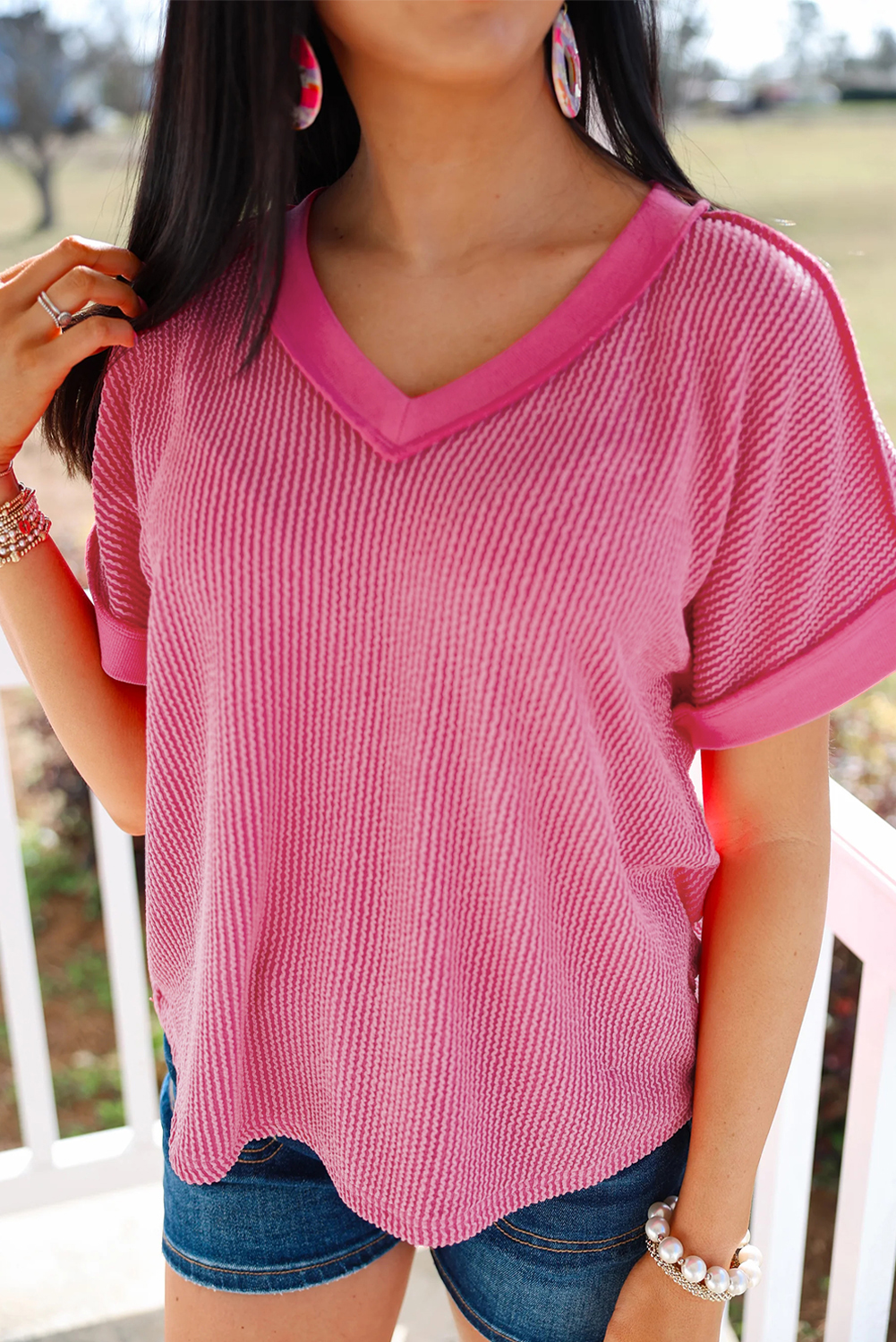 Rose Red Twisted Ribbed Knit V Neck Casual Tee - loveforevers