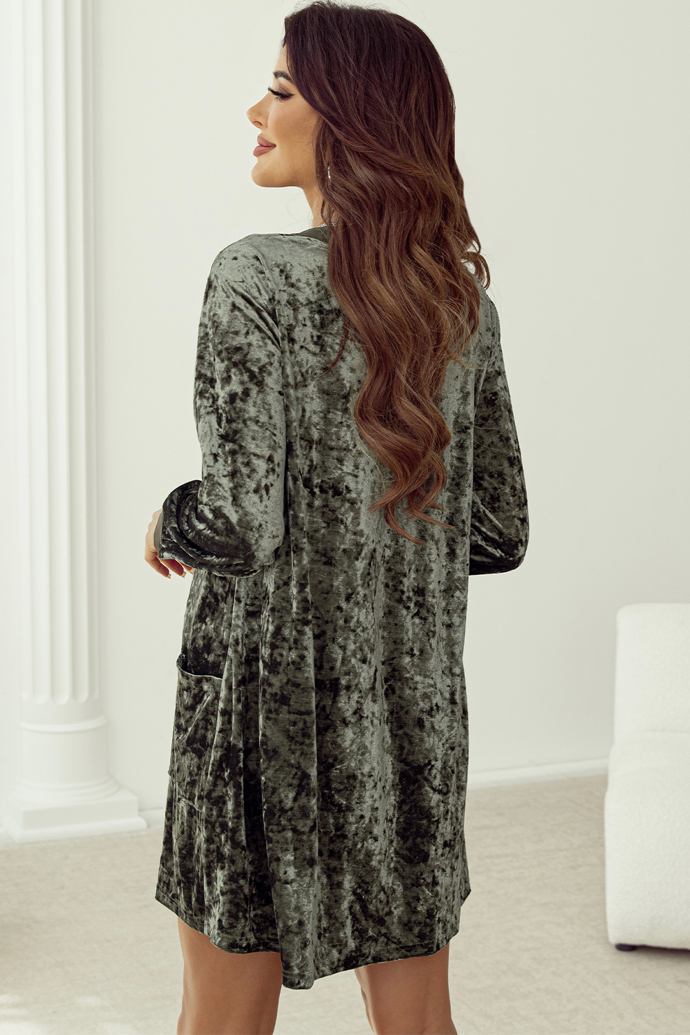 Jungle Green Velvet Long Sleeve V Neck Loose Dress with Pockets - loveforevers