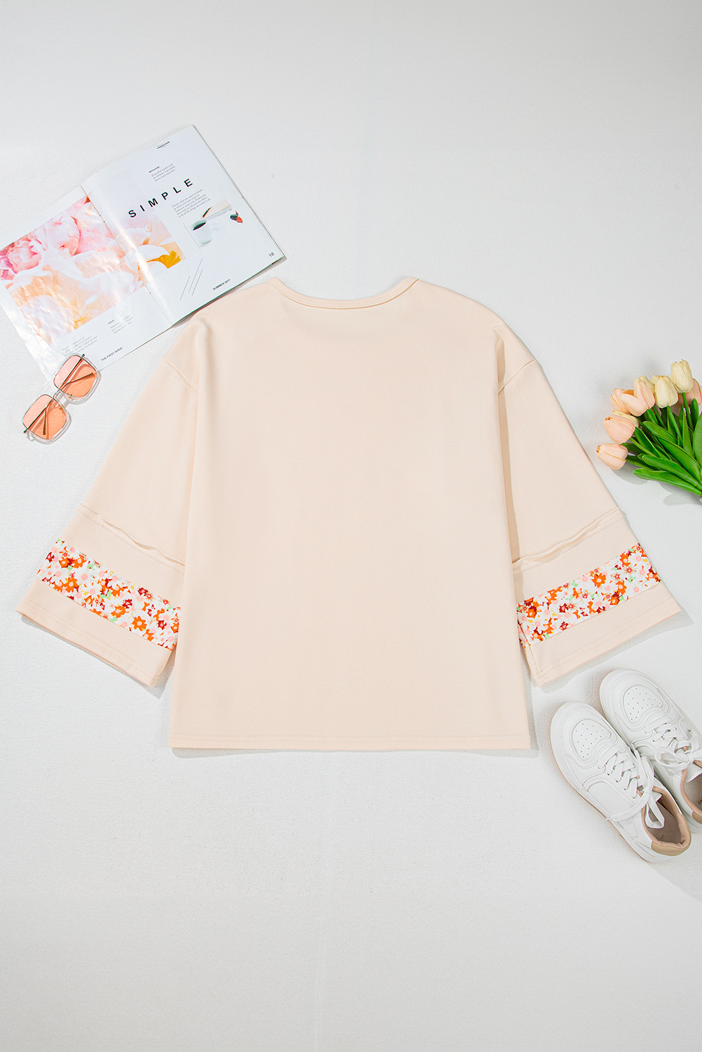 Beige Flower Patch Graphic Exposed Seam Wide Sleeve Top - loveforevers
