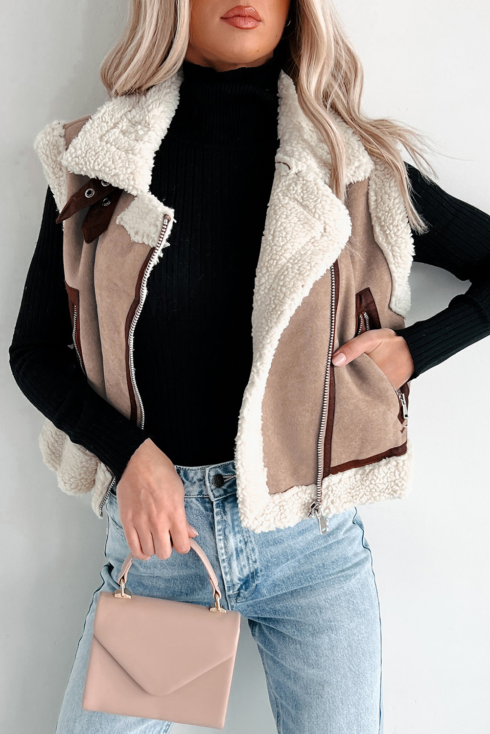 Dark Khaki Sherpa Lined Faux Suede Lapel Collar Vest - loveforevers