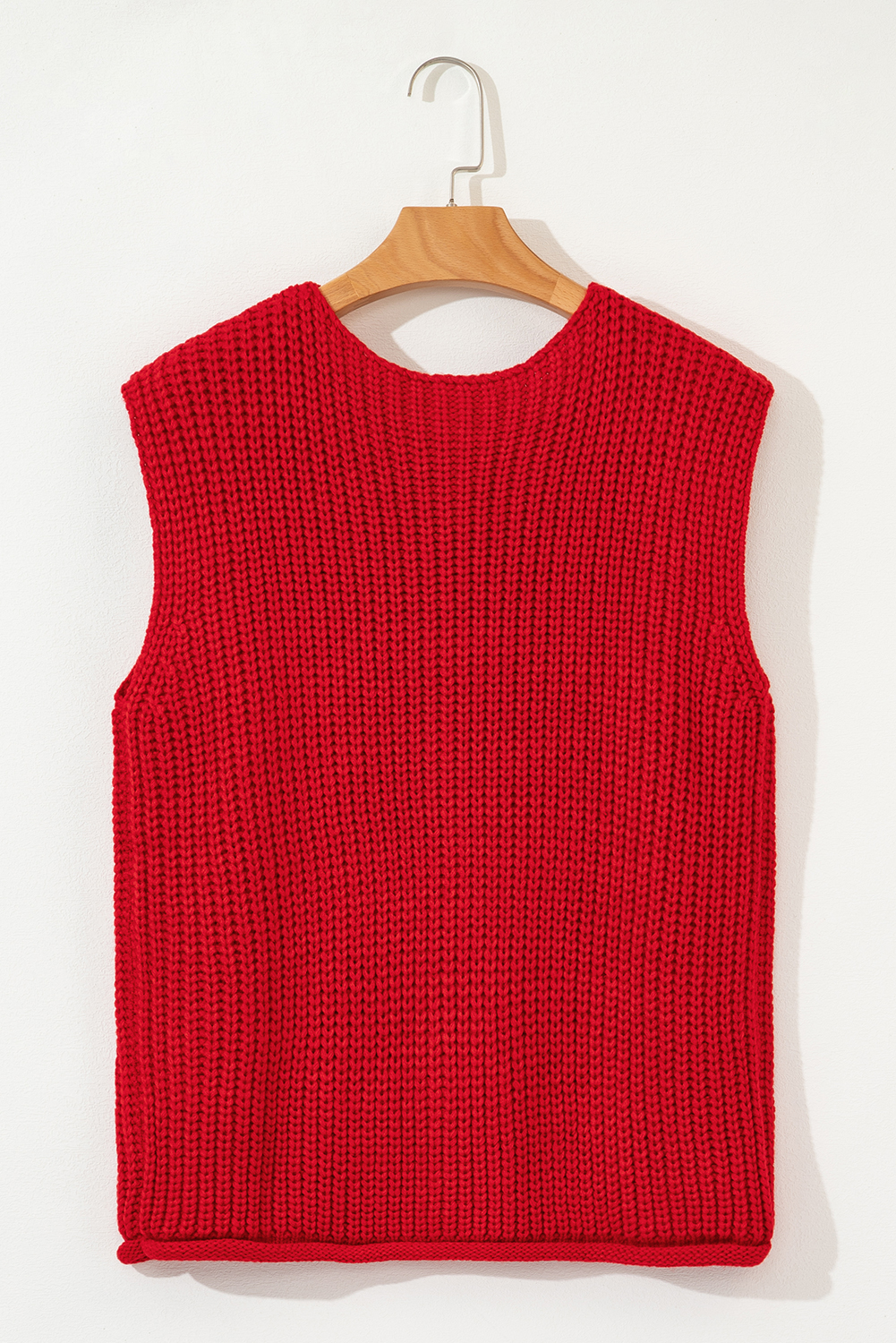 Fiery Red Solid Textured Knit Side Pockets Buttoned Sweater Vest - loveforevers