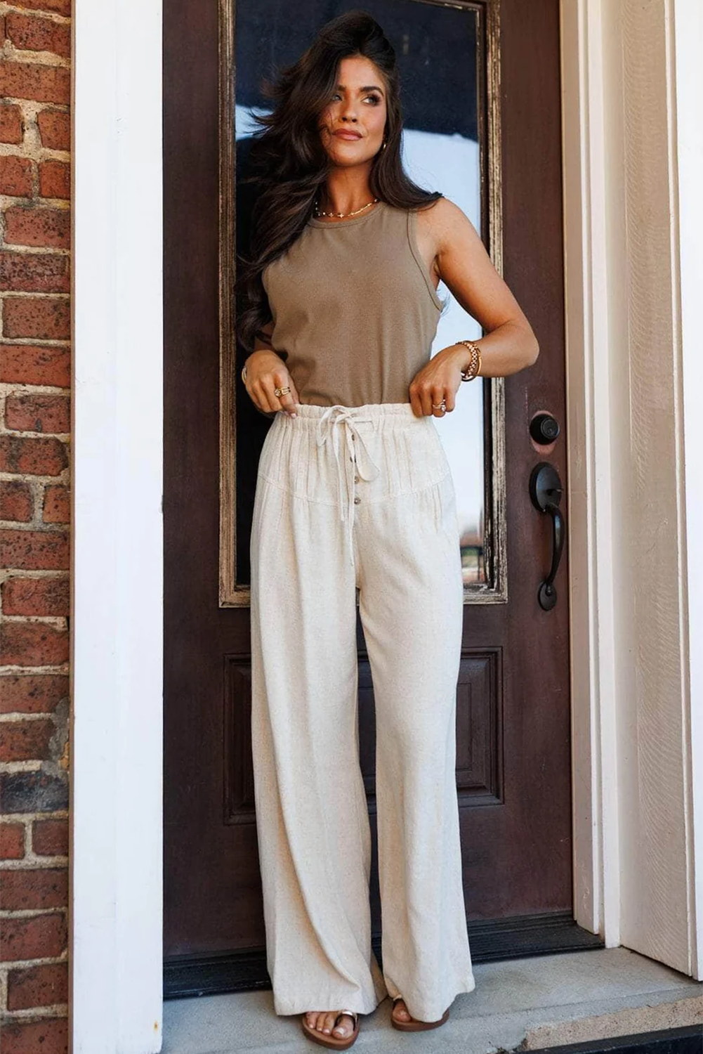 Jet Stream Drawstring Elastic Waist Button Pleated Detail Wide Leg Pants - loveforevers