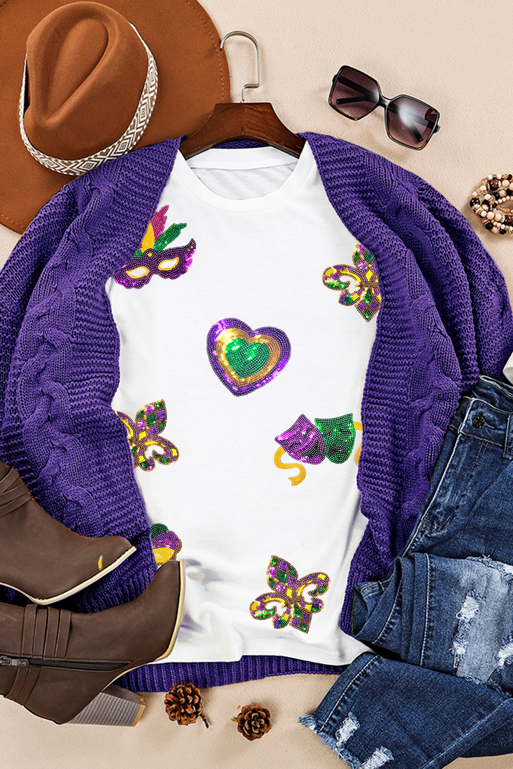 White Sequined Mardi Gras Symbolic Pattern Casual Tee - loveforevers