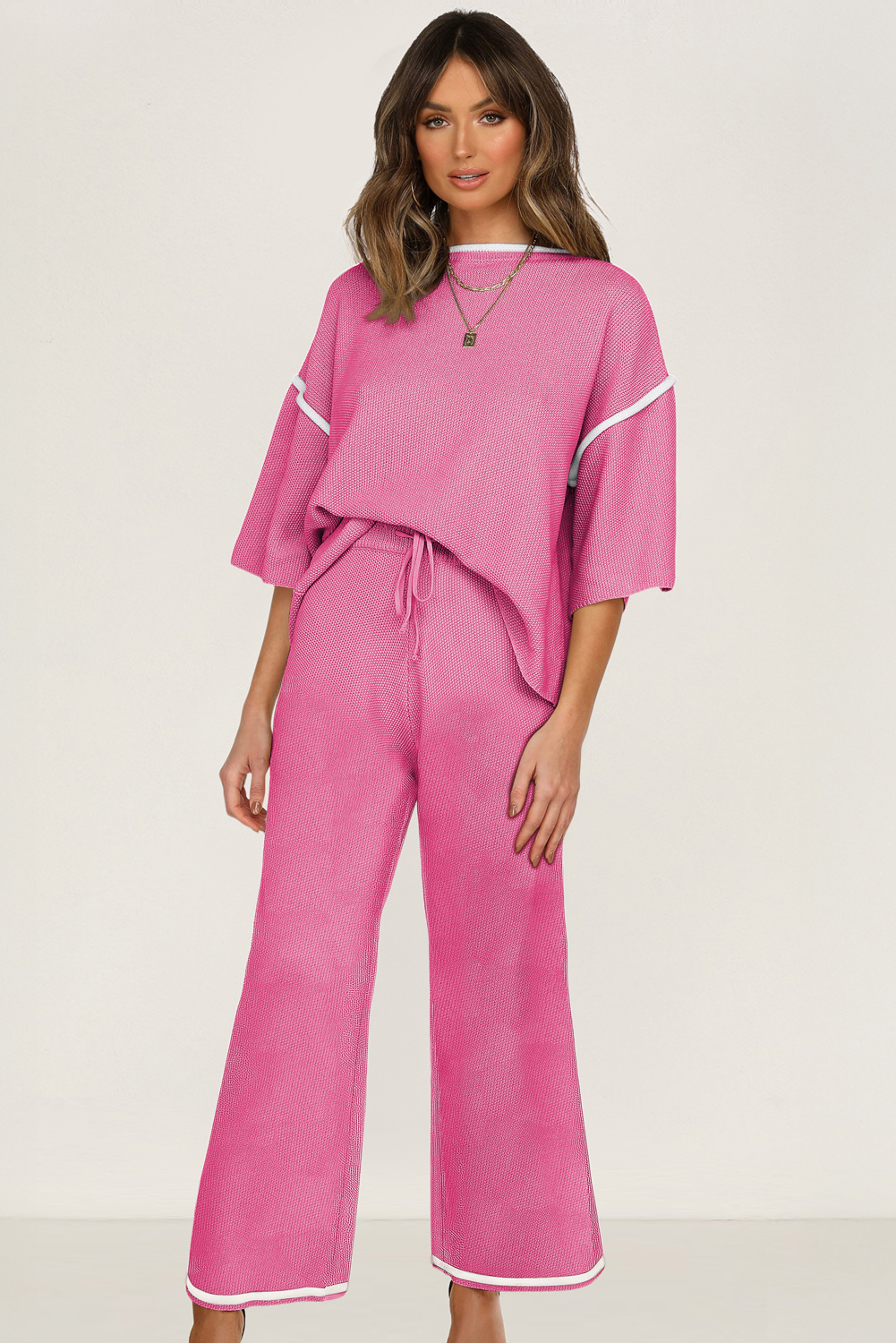 Blackish Green Contrast Trim Half Sleeve Top Drawstring Pants Loose 2pcs Sweater Suit - loveforevers