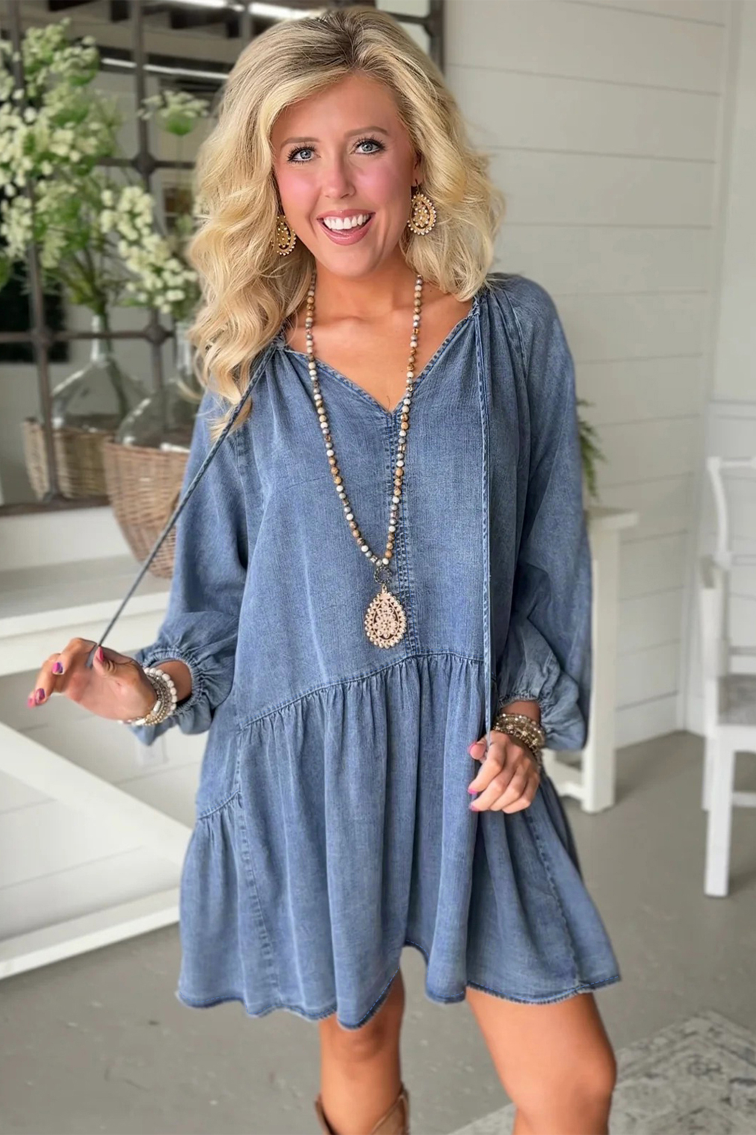Myosotis Puff Sleeve V Neck Ruffled Loose Denim Mini Dress - loveforevers