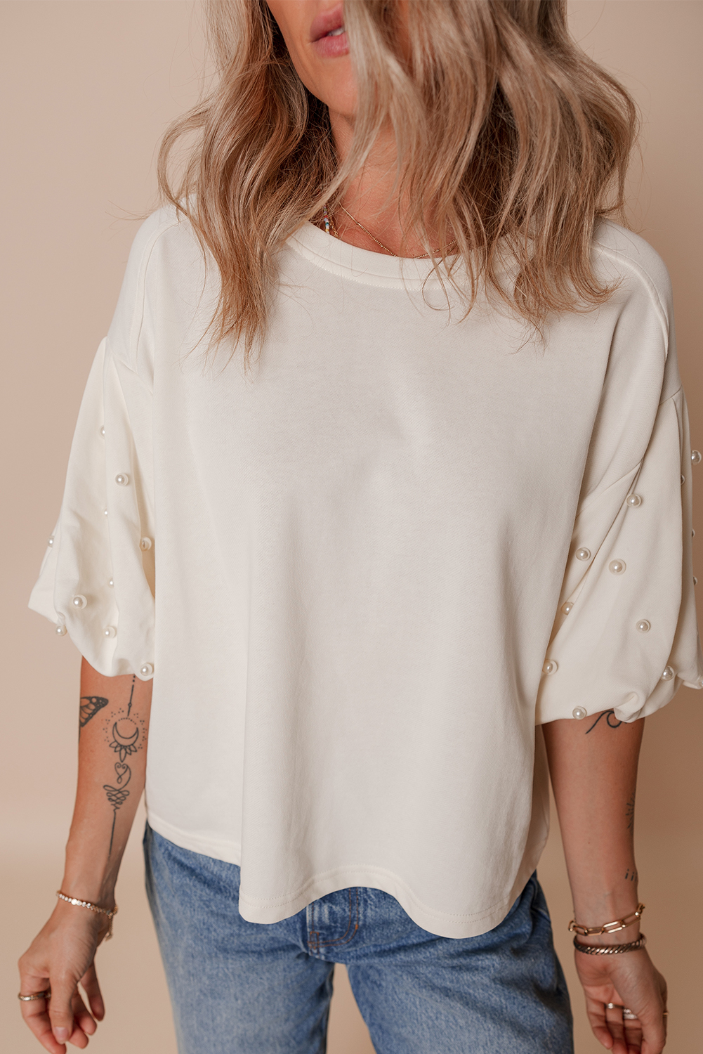 White Pearled Puff Sleeve Round Neck Loose Top - loveforevers
