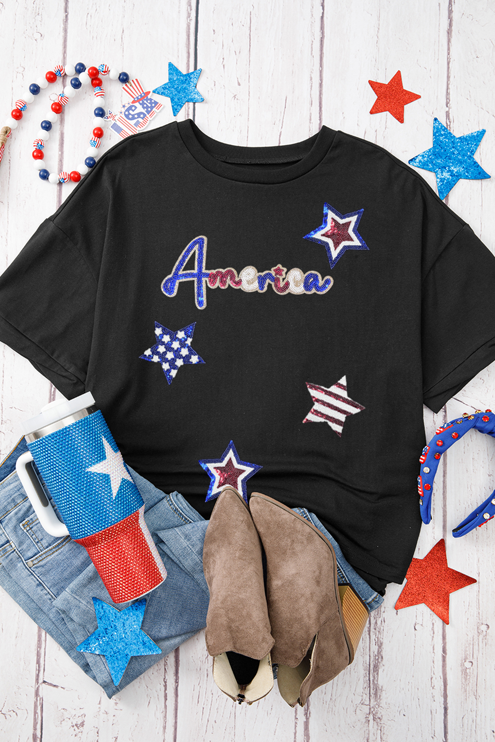 Black Sequin USA Bow Graphic Independence Day T Shirt - loveforevers