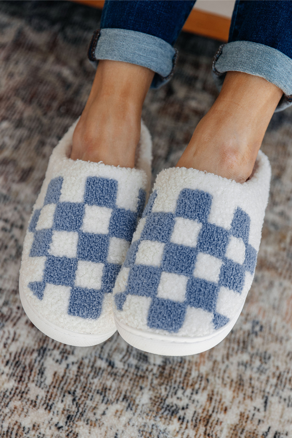 Fiery Red Checkered Print Fuzzy Slip On Winter Slippers - loveforevers