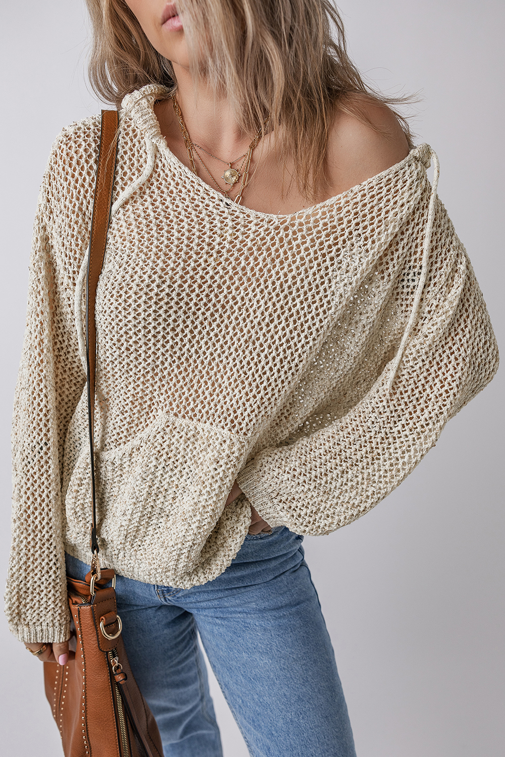 Jet Stream Hollow-out Kangaroo Pocket V Neck Hooded Sweater - loveforevers